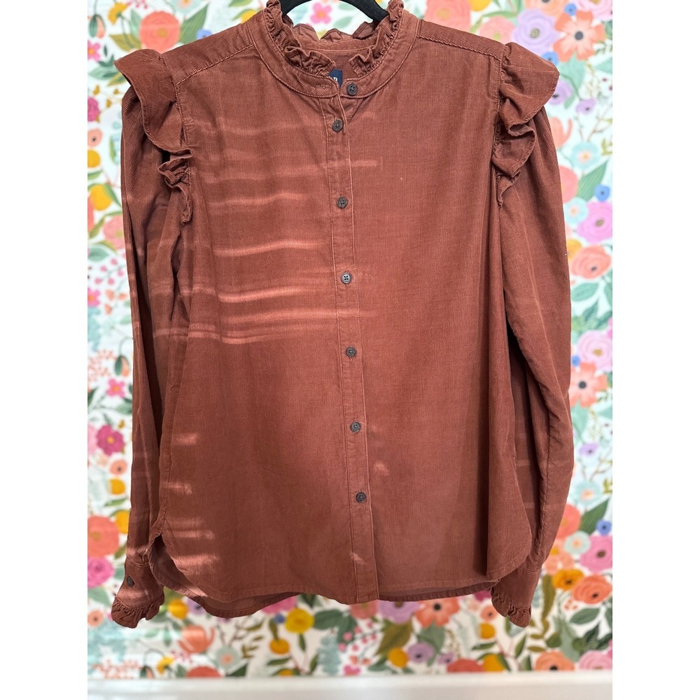 Gap Women Rust Brown Corduroy Ruffle Collar Button Down Shirt Long Sleeve Small